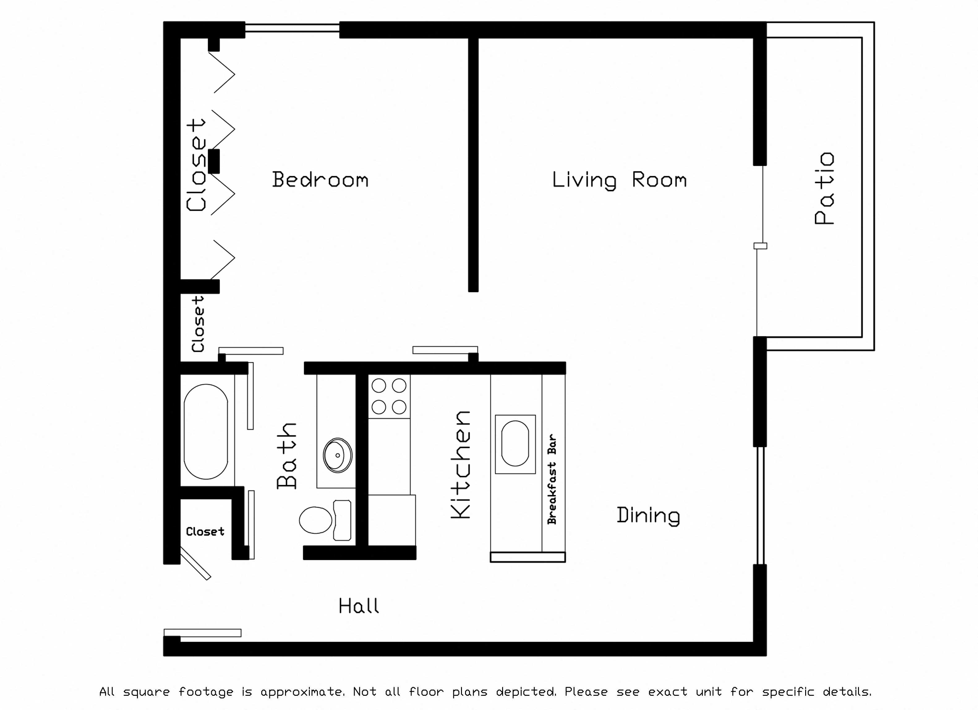 Floor plan for 1 bed, 1 bath, 680 sqft
